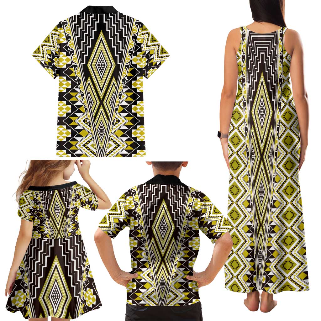 Yellow Aotearoa Tukutuku and Poutama Motif Family Matching Tank Maxi Dress and Hawaiian Shirt LT03 - Polynesian Pride