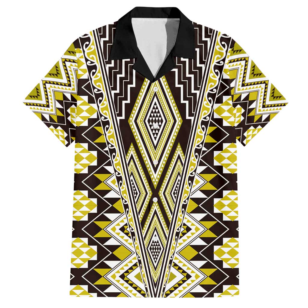 Yellow Aotearoa Tukutuku and Poutama Motif Family Matching Tank Maxi Dress and Hawaiian Shirt LT03 Dad's Shirt - Short Sleeve Yellow - Polynesian Pride