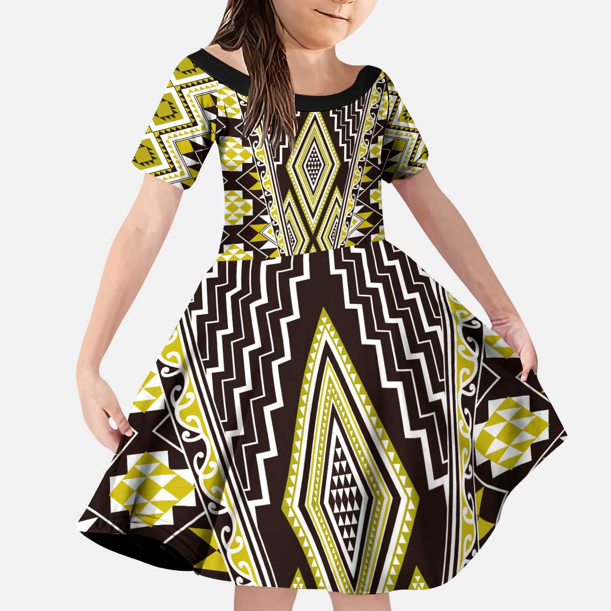 Yellow Aotearoa Tukutuku and Poutama Motif Kid Short Sleeve Dress