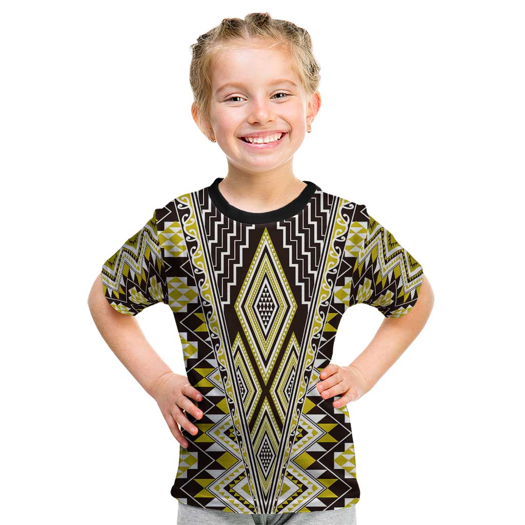 Yellow Aotearoa Tukutuku and Poutama Motif Kid T Shirt LT03 Yellow - Polynesian Pride