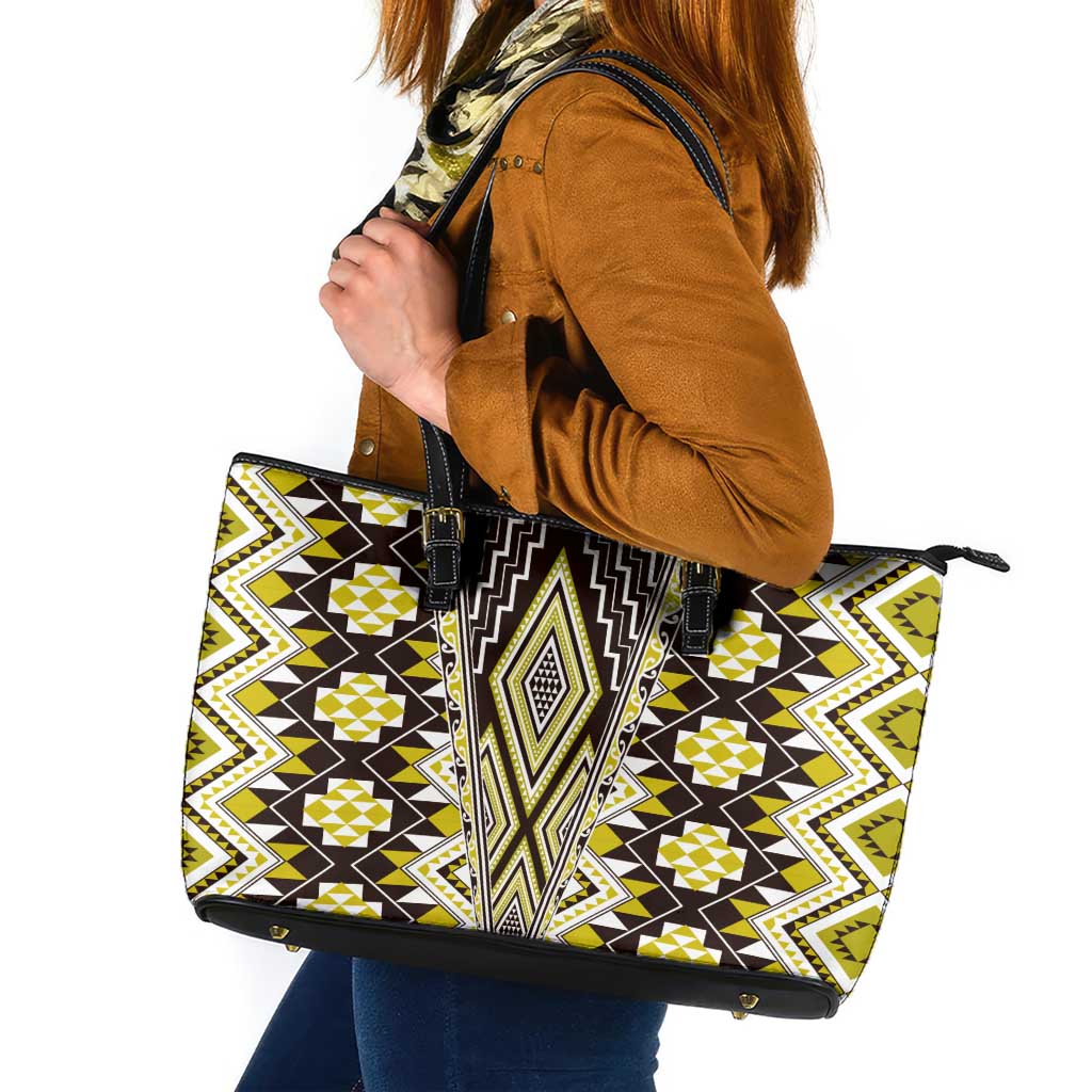 Yellow Aotearoa Tukutuku and Poutama Motif Leather Tote Bag LT03 Yellow - Polynesian Pride