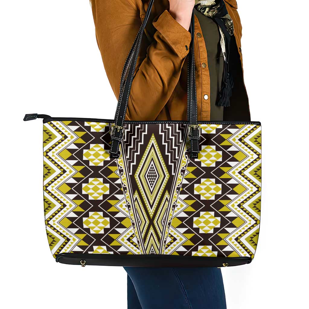 Yellow Aotearoa Tukutuku and Poutama Motif Leather Tote Bag LT03 - Polynesian Pride