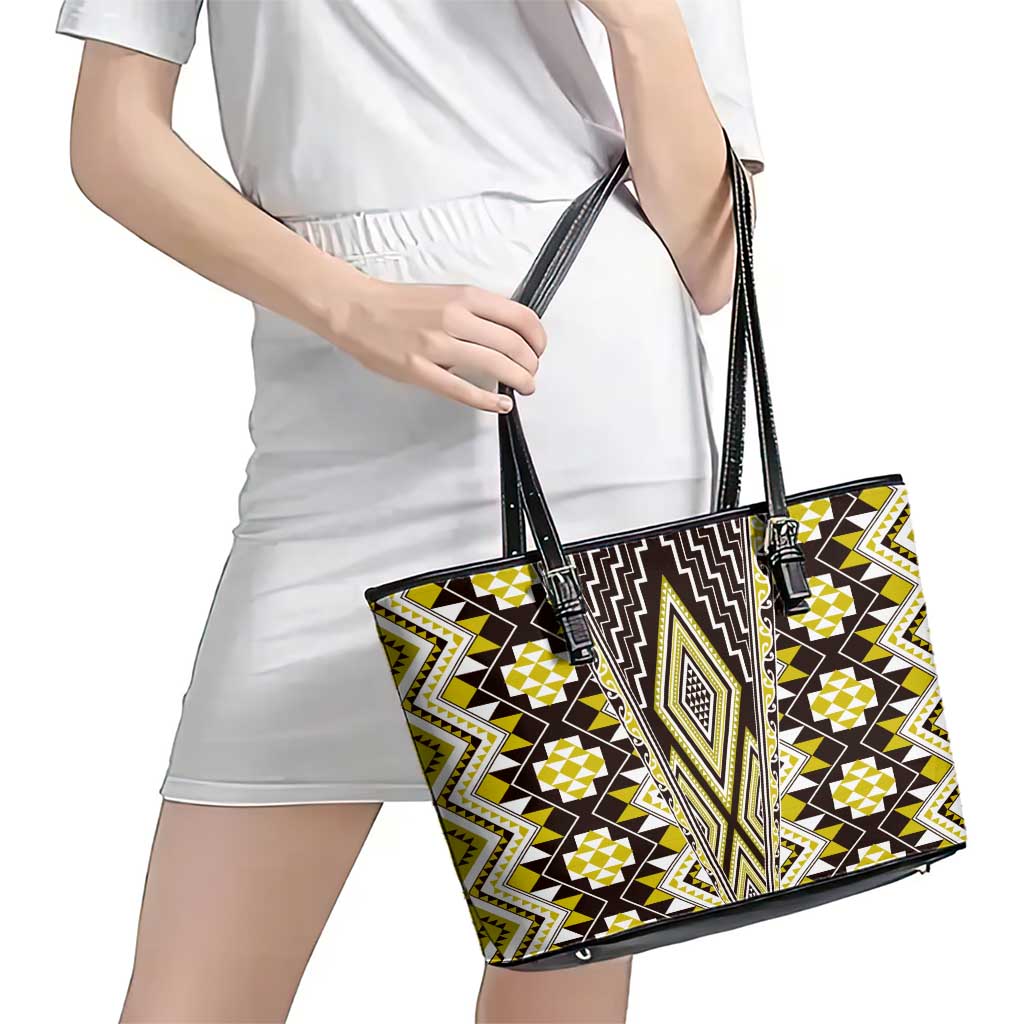 Yellow Aotearoa Tukutuku and Poutama Motif Leather Tote Bag LT03 - Polynesian Pride