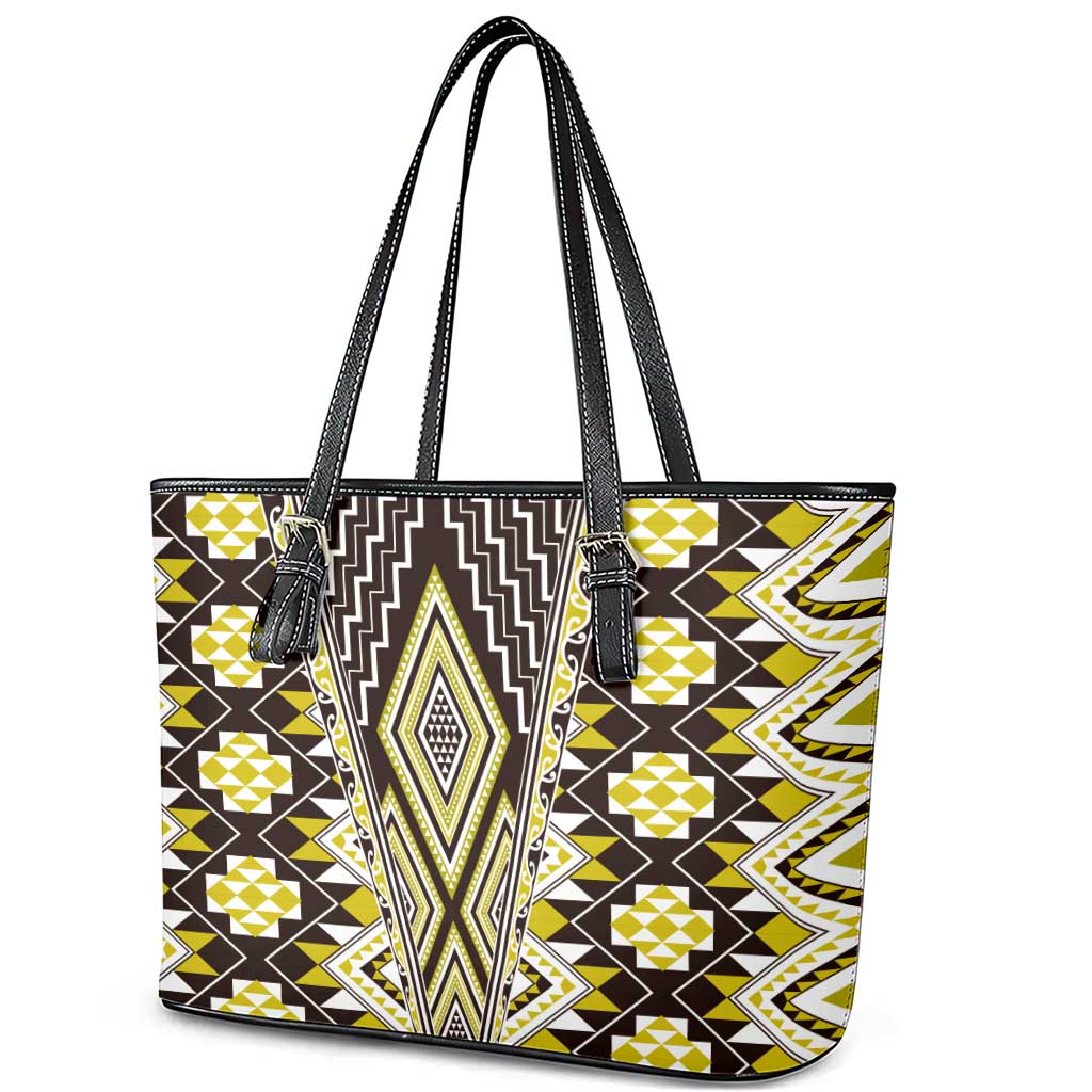 Yellow Aotearoa Tukutuku and Poutama Motif Leather Tote Bag LT03 - Polynesian Pride