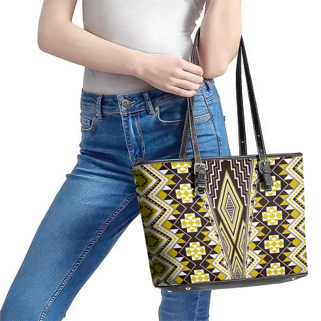 Yellow Aotearoa Tukutuku and Poutama Motif Leather Tote Bag LT03 - Polynesian Pride