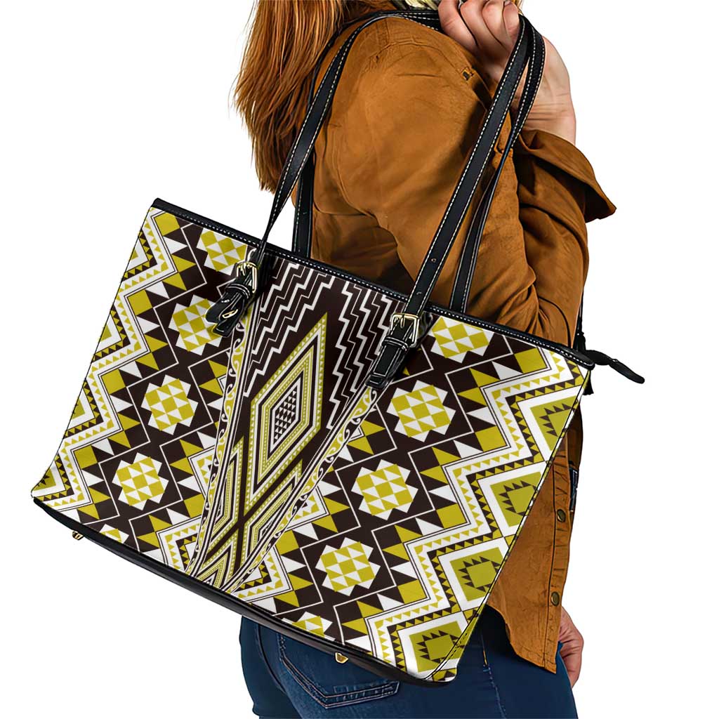 Yellow Aotearoa Tukutuku and Poutama Motif Leather Tote Bag LT03 - Polynesian Pride