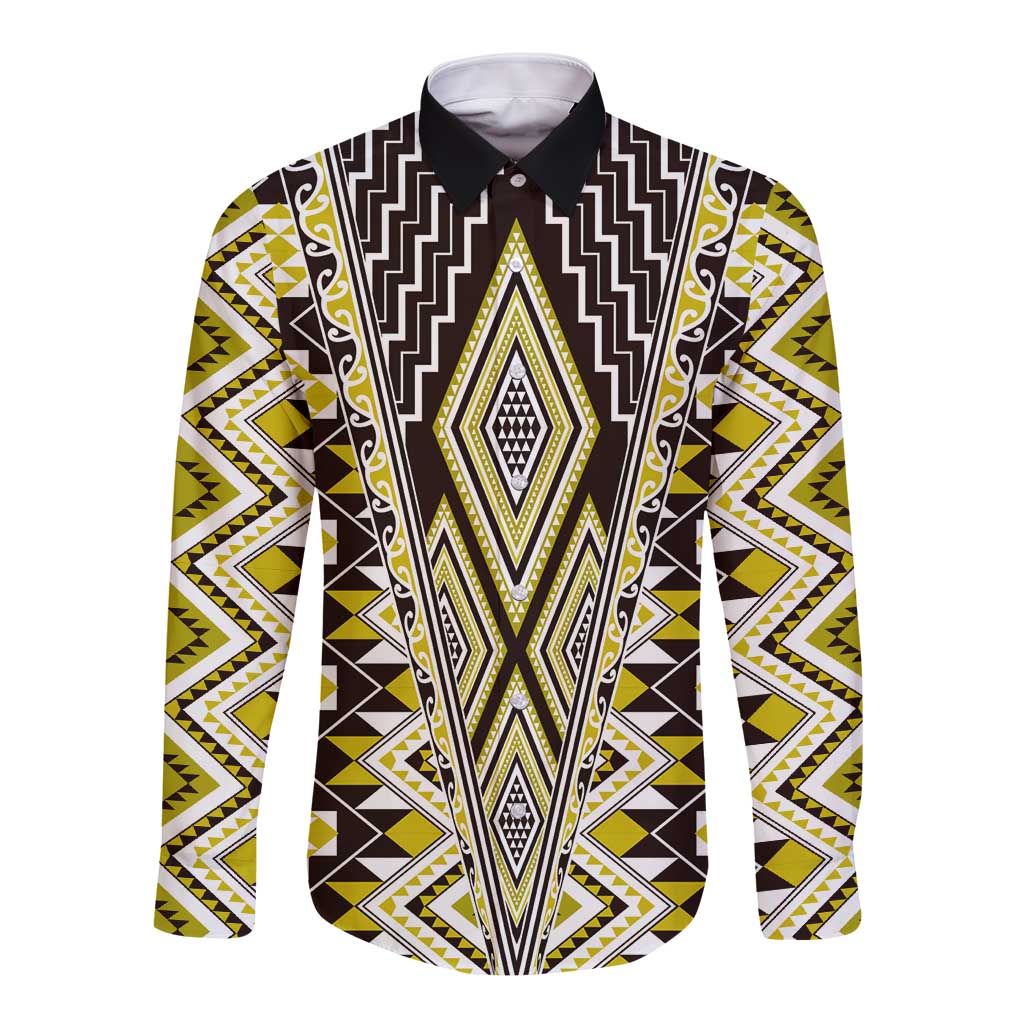 Yellow Aotearoa Tukutuku and Poutama Motif Long Sleeve Button Shirt LT03 Unisex Yellow - Polynesian Pride