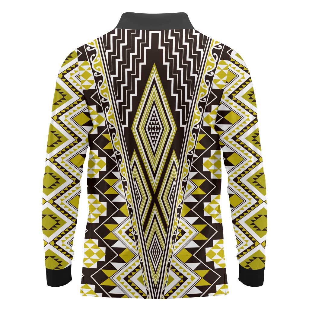 Yellow Aotearoa Tukutuku and Poutama Motif Long Sleeve Polo Shirt LT03 - Polynesian Pride