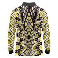 Yellow Aotearoa Tukutuku and Poutama Motif Long Sleeve Polo Shirt LT03 - Polynesian Pride