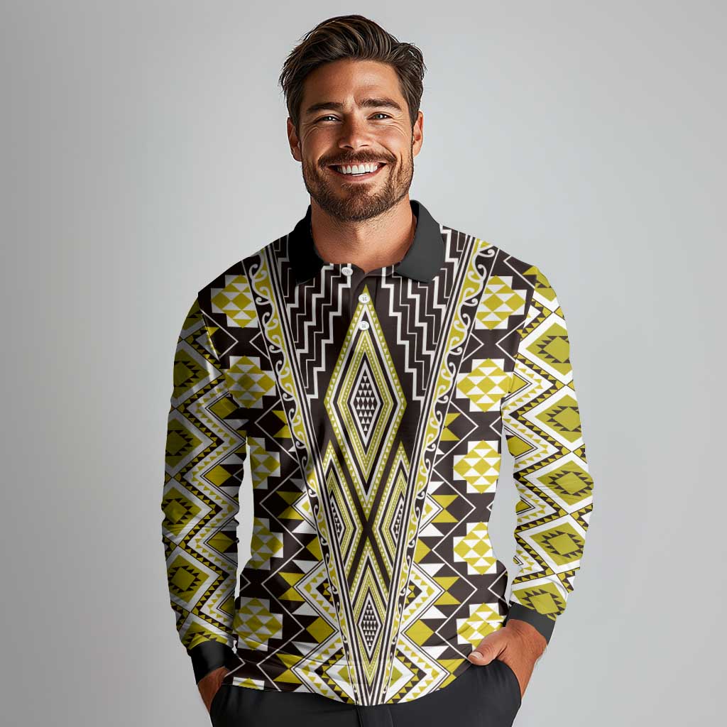 Yellow Aotearoa Tukutuku and Poutama Motif Long Sleeve Polo Shirt LT03 - Polynesian Pride