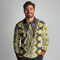 Yellow Aotearoa Tukutuku and Poutama Motif Long Sleeve Polo Shirt LT03 - Polynesian Pride