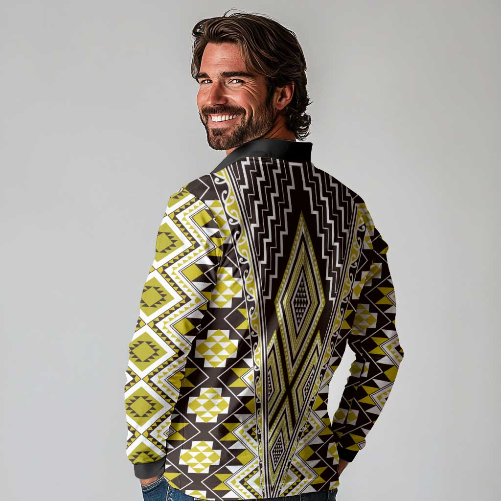 Yellow Aotearoa Tukutuku and Poutama Motif Long Sleeve Polo Shirt LT03 - Polynesian Pride