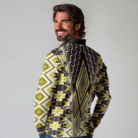 Yellow Aotearoa Tukutuku and Poutama Motif Long Sleeve Polo Shirt LT03 - Polynesian Pride