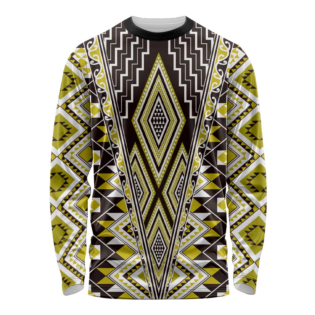 Yellow Aotearoa Tukutuku and Poutama Motif Long Sleeve Shirt LT03 Unisex Yellow - Polynesian Pride