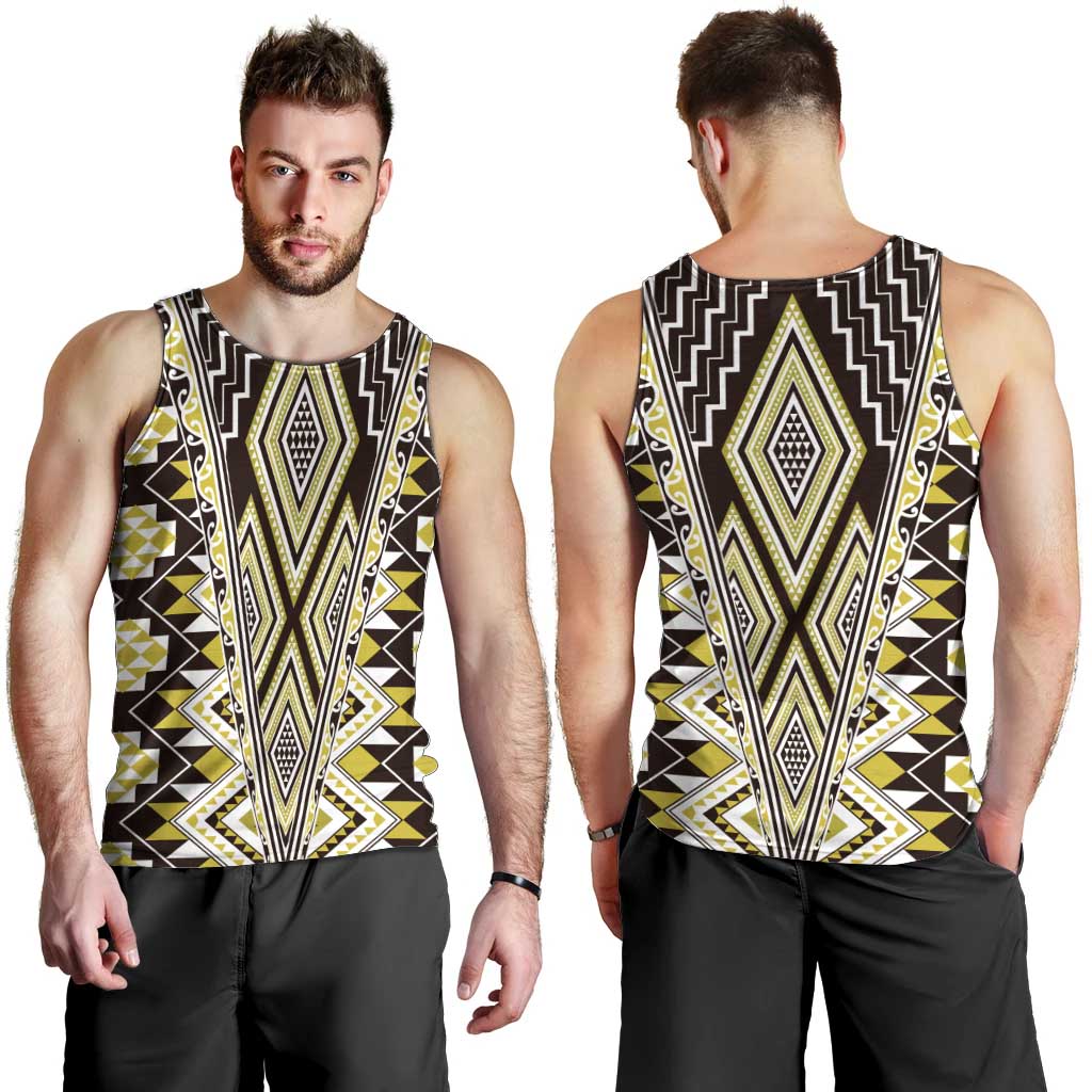 Yellow Aotearoa Tukutuku and Poutama Motif Men Tank Top