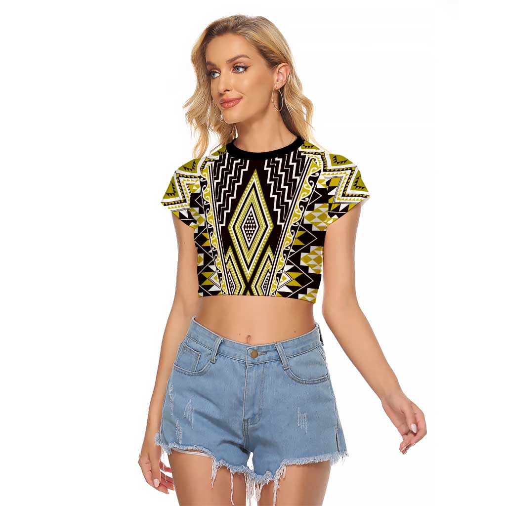 Yellow Aotearoa Tukutuku and Poutama Motif Raglan Cropped T Shirt LT03 Female Yellow - Polynesian Pride