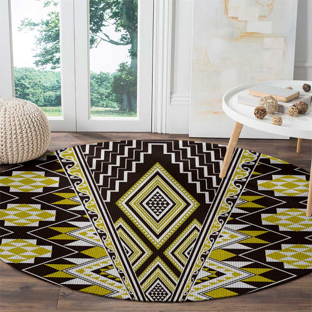 Yellow Aotearoa Tukutuku and Poutama Motif Round Carpet