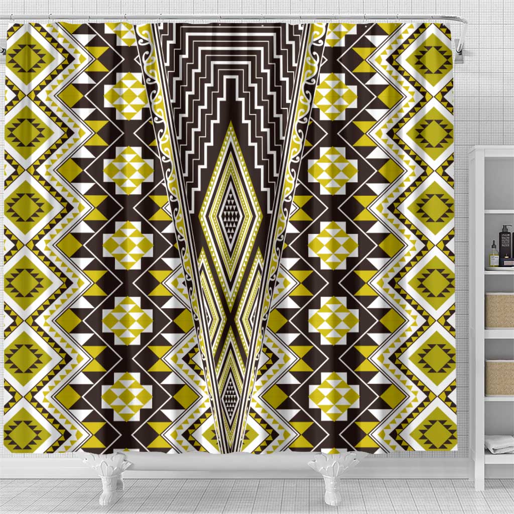 Yellow Aotearoa Tukutuku and Poutama Motif Shower Curtain