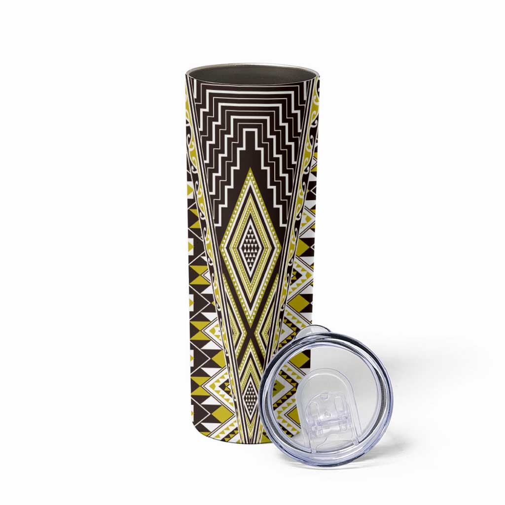 Yellow Aotearoa Tukutuku and Poutama Motif Skinny Tumbler LT03 - Polynesian Pride