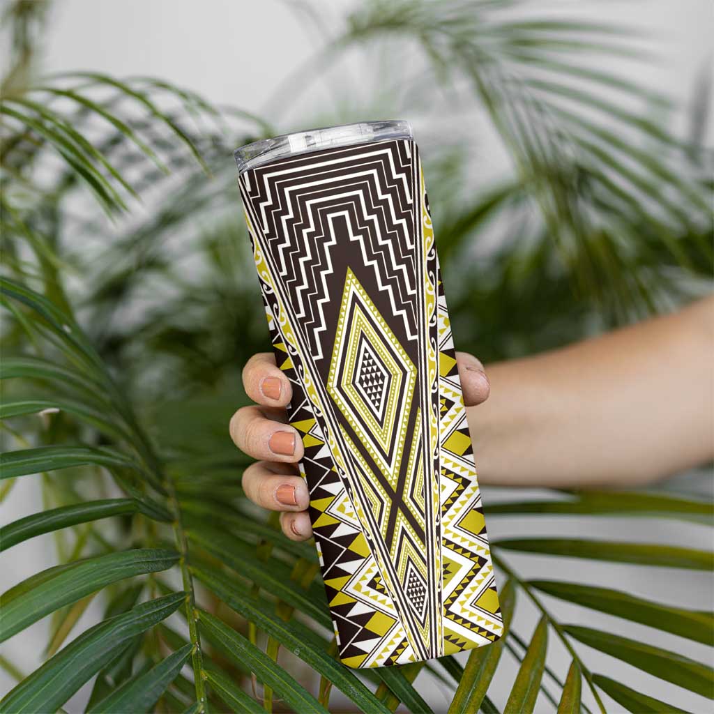 Yellow Aotearoa Tukutuku and Poutama Motif Skinny Tumbler LT03 - Polynesian Pride