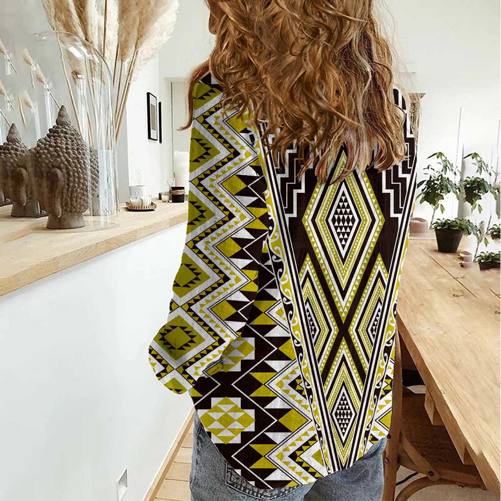 Yellow Aotearoa Tukutuku and Poutama Motif Women Casual Shirt LT03 - Polynesian Pride