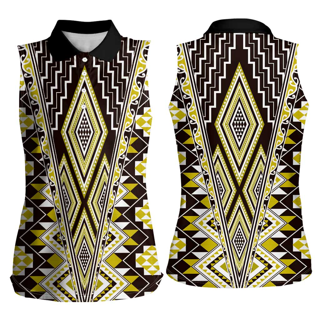 Yellow Aotearoa Tukutuku and Poutama Motif Women Sleeveless Polo Shirt LT03 - Polynesian Pride