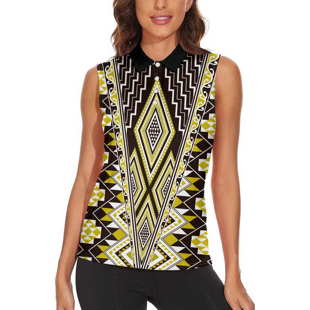 Yellow Aotearoa Tukutuku and Poutama Motif Women Sleeveless Polo Shirt LT03 - Polynesian Pride
