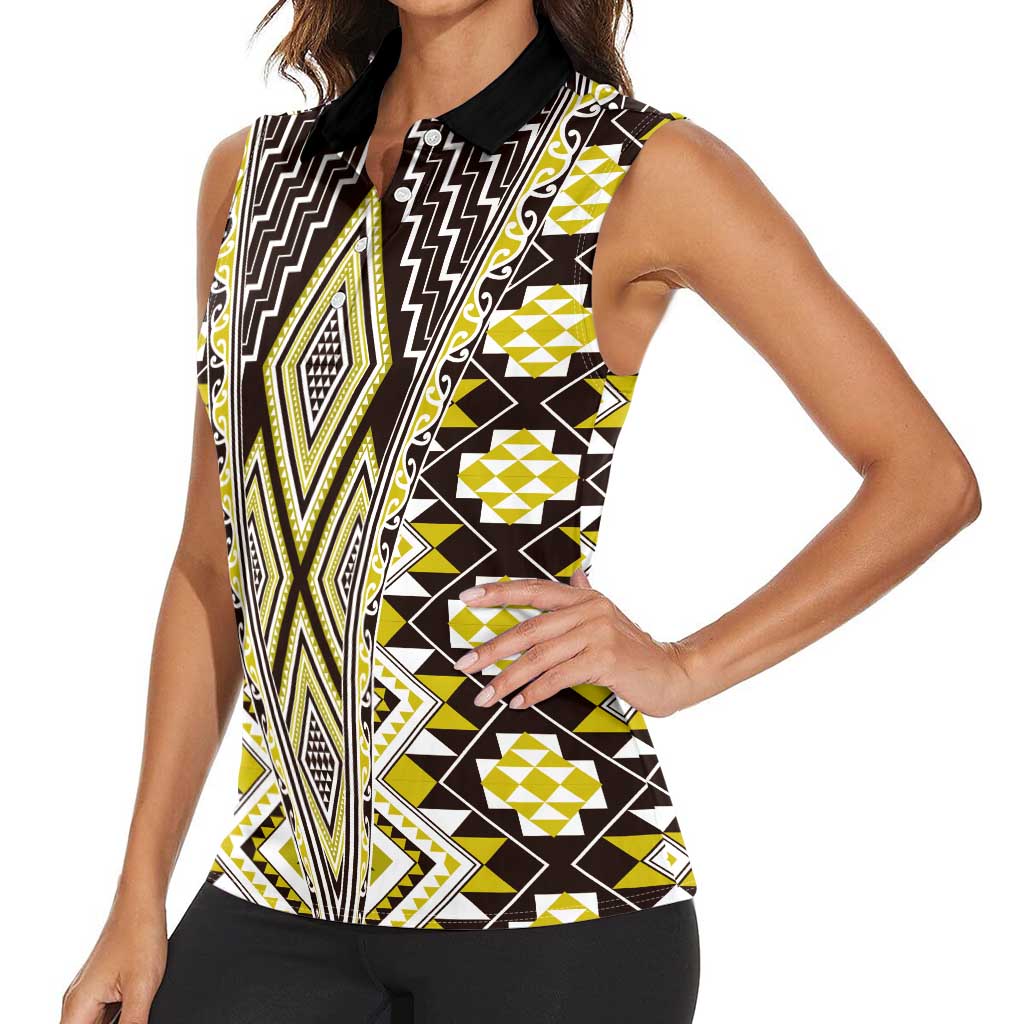 Yellow Aotearoa Tukutuku and Poutama Motif Women Sleeveless Polo Shirt LT03 - Polynesian Pride