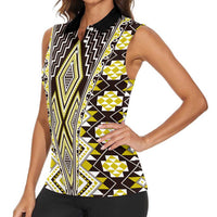 Yellow Aotearoa Tukutuku and Poutama Motif Women Sleeveless Polo Shirt LT03 - Polynesian Pride