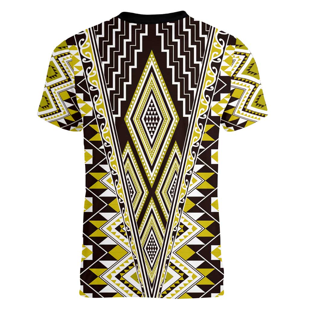 Yellow Aotearoa Tukutuku and Poutama Motif Women V-Neck T-Shirt LT03 - Polynesian Pride