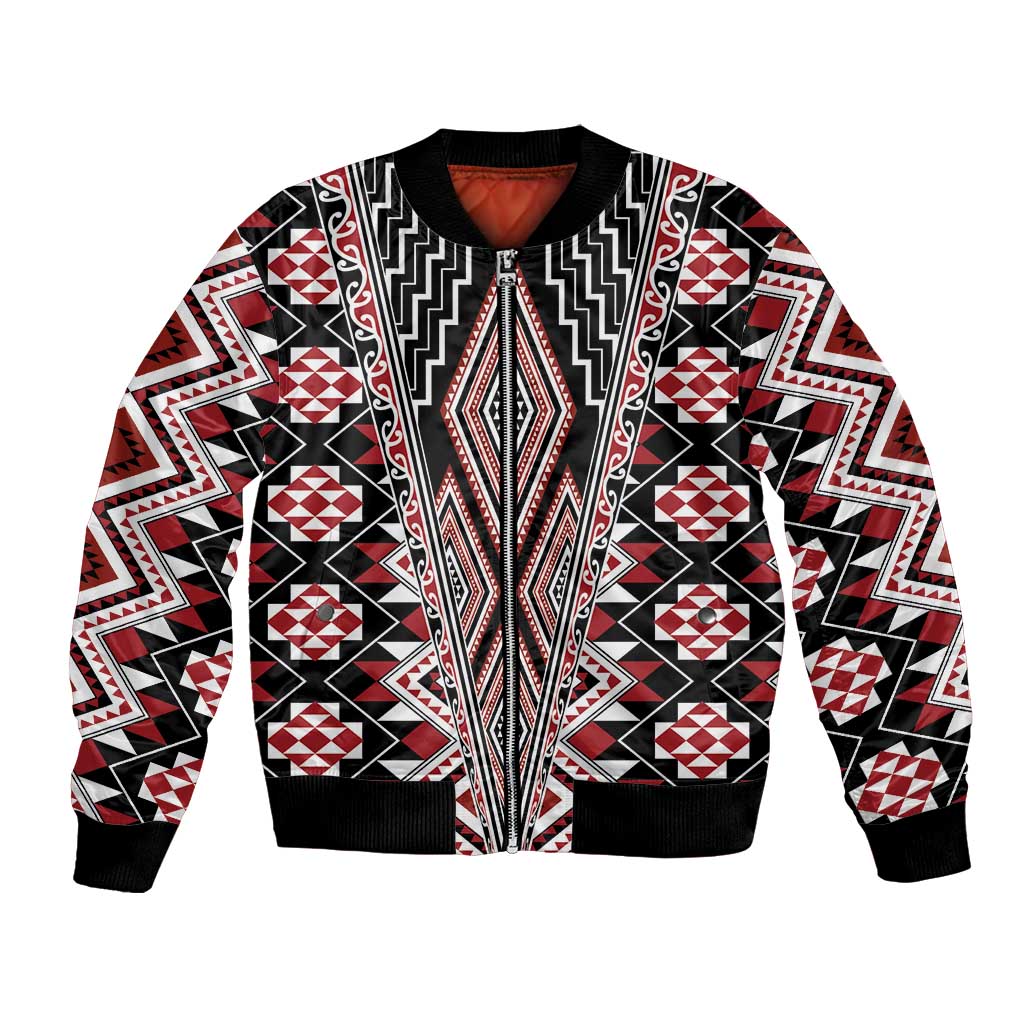 Red Aotearoa Tukutuku and Poutama Motif Bomber Jacket