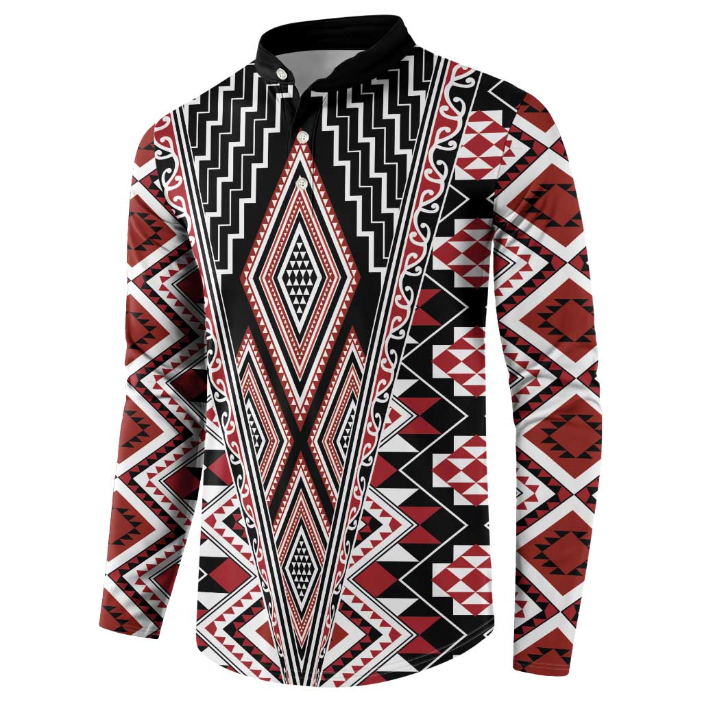 Red Aotearoa Tukutuku and Poutama Motif Button Sweatshirt LT03 - Polynesian Pride