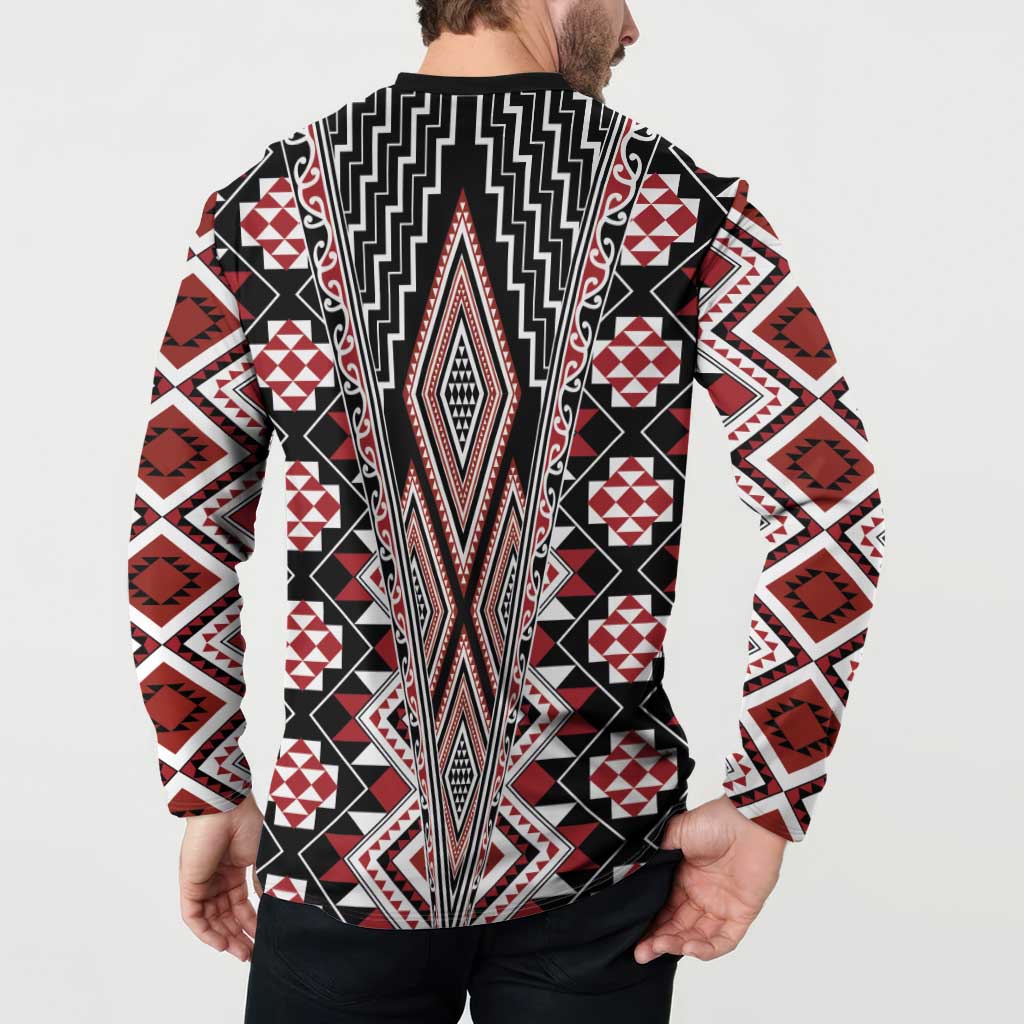 Red Aotearoa Tukutuku and Poutama Motif Button Sweatshirt LT03 - Polynesian Pride