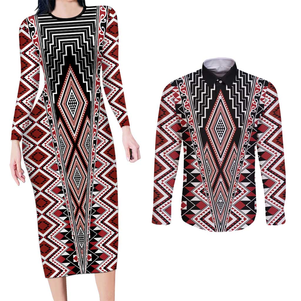 Red Aotearoa Tukutuku and Poutama Motif Couples Matching Long Sleeve Bodycon Dress and Long Sleeve Button Shirt LT03 Red - Polynesian Pride