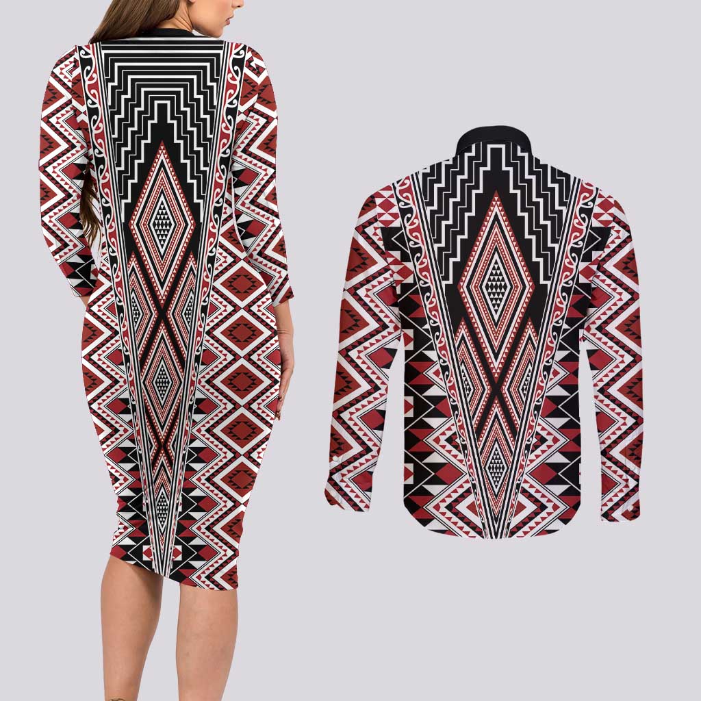 Red Aotearoa Tukutuku and Poutama Motif Couples Matching Long Sleeve Bodycon Dress and Long Sleeve Button Shirt LT03 - Polynesian Pride