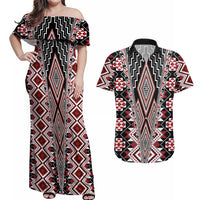 Red Aotearoa Tukutuku and Poutama Motif Couples Matching Off Shoulder Maxi Dress and Hawaiian Shirt LT03 Red - Polynesian Pride
