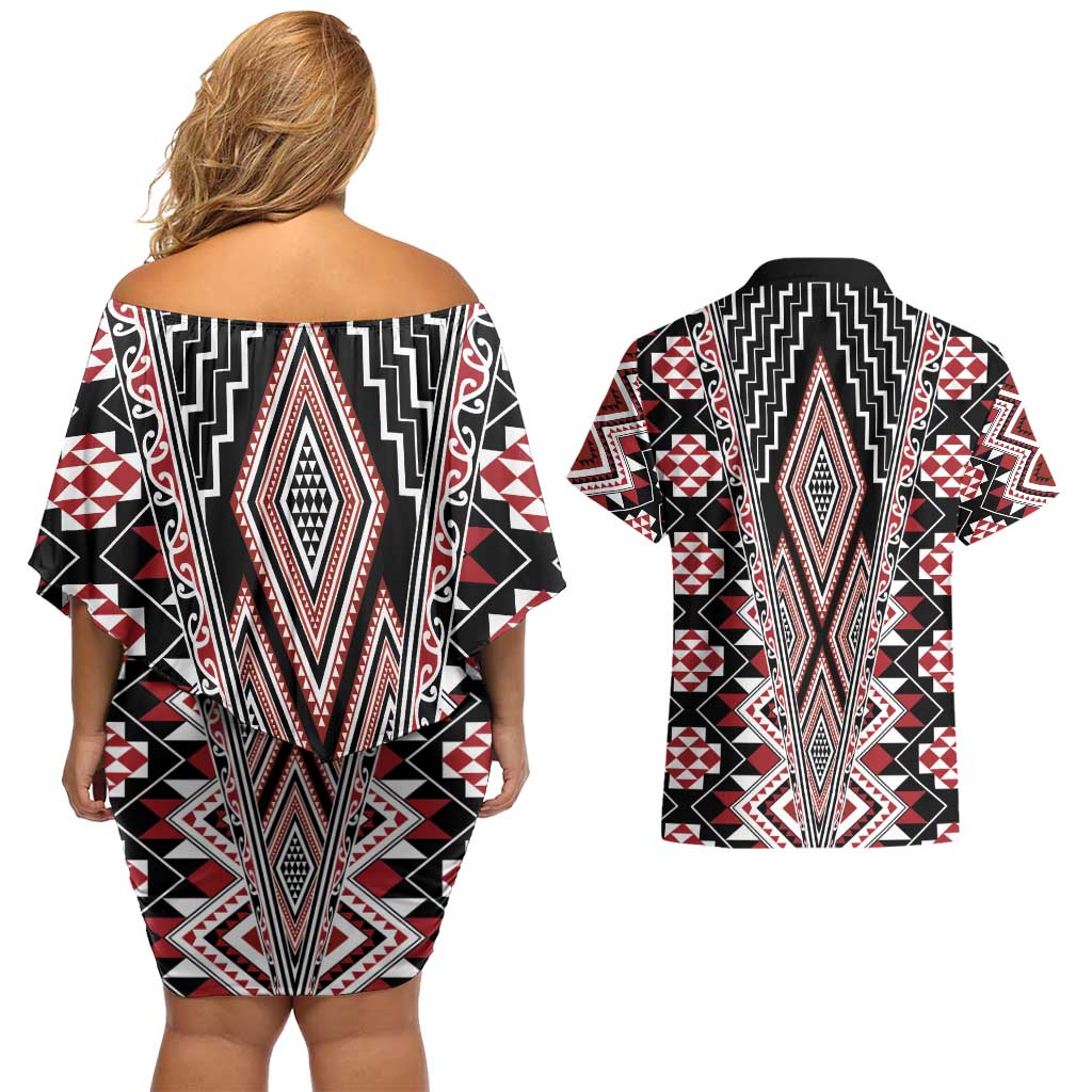 Red Aotearoa Tukutuku and Poutama Motif Couples Matching Off Shoulder Short Dress and Hawaiian Shirt LT03 - Polynesian Pride