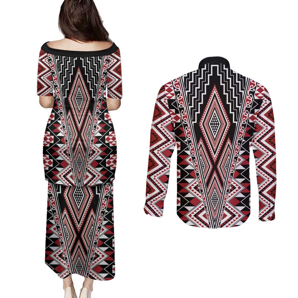 Red Aotearoa Tukutuku and Poutama Motif Couples Matching Puletasi and Long Sleeve Button Shirt LT03 - Polynesian Pride