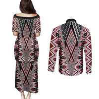 Red Aotearoa Tukutuku and Poutama Motif Couples Matching Puletasi and Long Sleeve Button Shirt LT03 - Polynesian Pride
