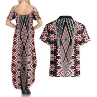 Red Aotearoa Tukutuku and Poutama Motif Couples Matching Summer Maxi Dress and Hawaiian Shirt LT03 - Polynesian Pride