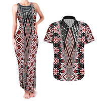 Red Aotearoa Tukutuku and Poutama Motif Couples Matching Tank Maxi Dress and Hawaiian Shirt LT03 Red - Polynesian Pride