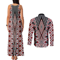 Red Aotearoa Tukutuku and Poutama Motif Couples Matching Tank Maxi Dress and Long Sleeve Button Shirt LT03 - Polynesian Pride