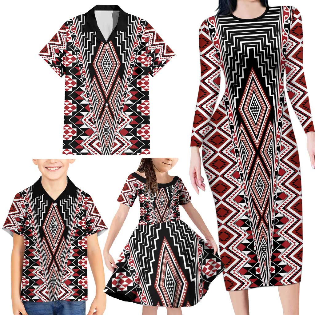 Red Aotearoa Tukutuku and Poutama Motif Family Matching Long Sleeve Bodycon Dress and Hawaiian Shirt LT03 - Polynesian Pride