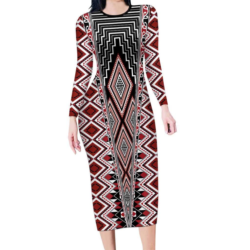 Red Aotearoa Tukutuku and Poutama Motif Family Matching Long Sleeve Bodycon Dress and Hawaiian Shirt LT03 Mom's Dress Red - Polynesian Pride
