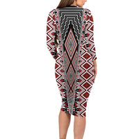 Red Aotearoa Tukutuku and Poutama Motif Family Matching Long Sleeve Bodycon Dress and Hawaiian Shirt LT03 - Polynesian Pride