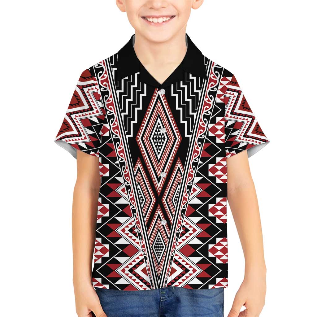 Red Aotearoa Tukutuku and Poutama Motif Family Matching Long Sleeve Bodycon Dress and Hawaiian Shirt LT03 Son's Shirt Red - Polynesian Pride