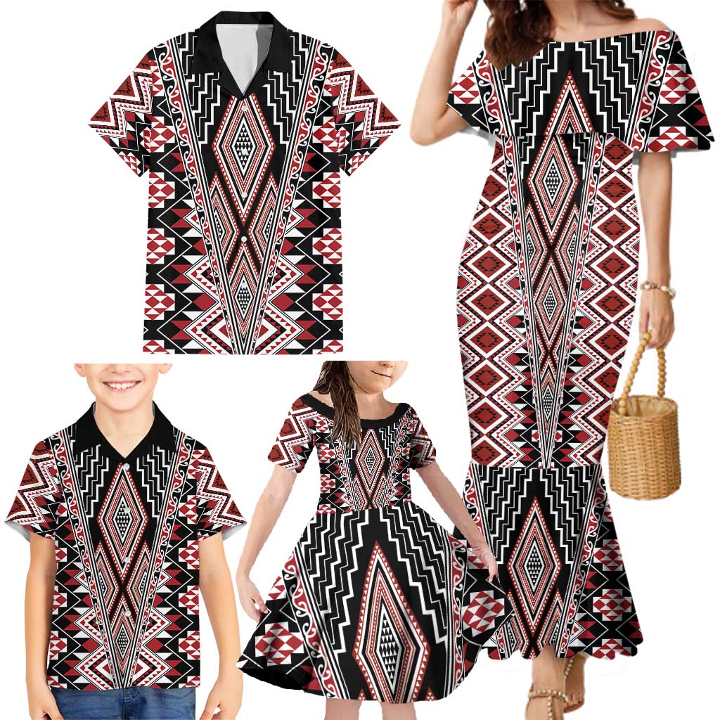 Red Aotearoa Tukutuku and Poutama Motif Family Matching Mermaid Dress and Hawaiian Shirt LT03 - Polynesian Pride