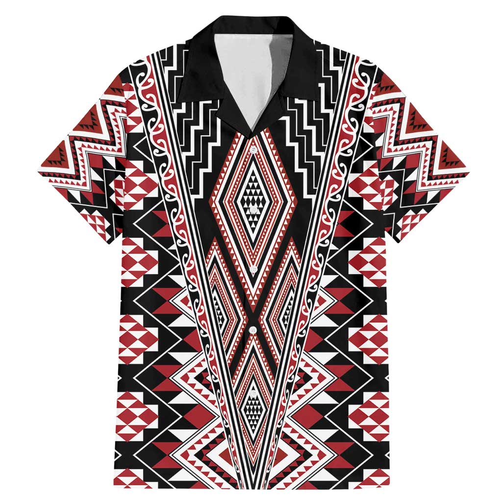 Red Aotearoa Tukutuku and Poutama Motif Family Matching Mermaid Dress and Hawaiian Shirt LT03 Dad's Shirt - Short Sleeve Red - Polynesian Pride