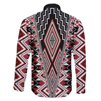 Red Aotearoa Tukutuku and Poutama Motif Family Matching Off The Shoulder Long Sleeve Dress and Hawaiian Shirt
