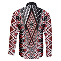 Red Aotearoa Tukutuku and Poutama Motif Family Matching Off Shoulder Maxi Dress and Hawaiian Shirt